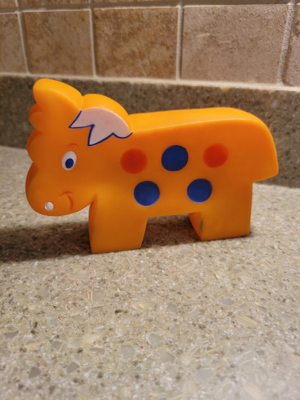 Vintage 1970s Cow Squeaky Toy Orange with Red Blue Polka Dots 5.25x3.75 Sanitoy